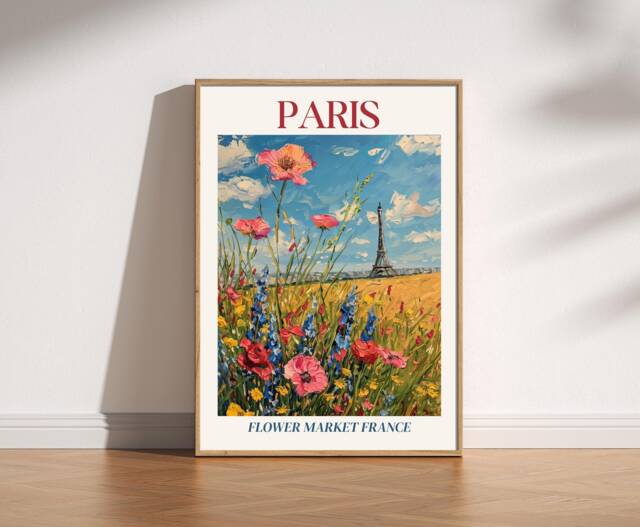 Paris France Travel Print, Flower Market, Scenery Landscape, Housewarming Gift, Lover, Living Room Wall Art Home Decor, Retro - image 1