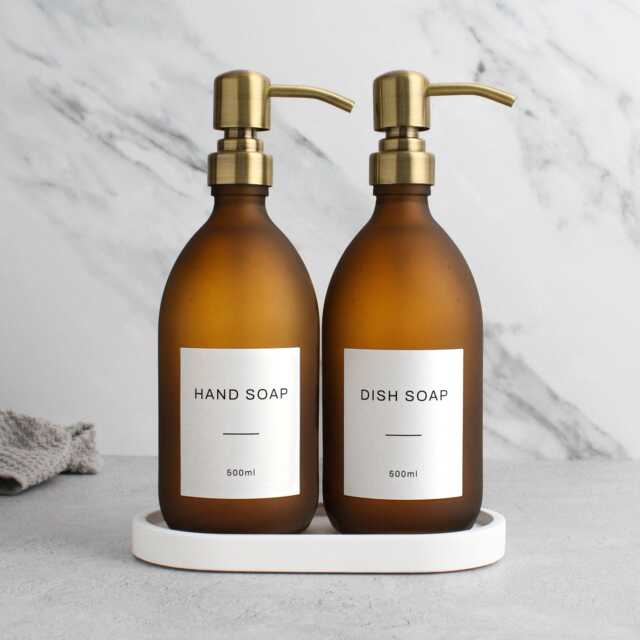 White Tray & Frosted Amber Dispenser Set - Labelled Refillable Bottle With Gold Pump & Label - For Shampoo, Hand Soap, Cream, Body Wash - image 1