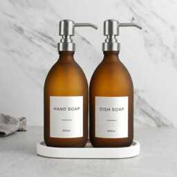 White Tray & Frosted Amber Dispenser Set - Labelled Refillable Bottle With Gold Pump & Label - For Shampoo, Hand Soap, Cream, Body Wash - thumbnail 3