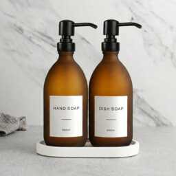 White Tray & Frosted Amber Dispenser Set - Labelled Refillable Bottle With Gold Pump & Label - For Shampoo, Hand Soap, Cream, Body Wash - thumbnail 2