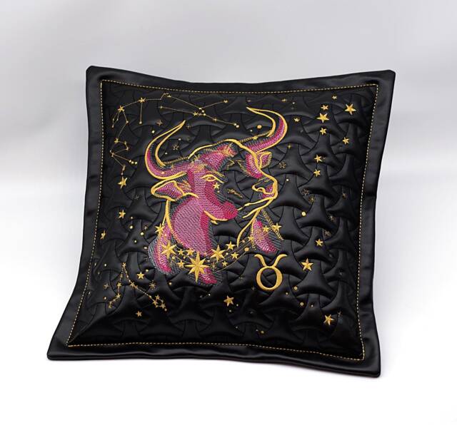 Embroidered Taurus Zodiac Sashiko Pillow, Astrology Quilt, Embroidery - Black Leather Pillowcase, Linen 39 X cm - image 1
