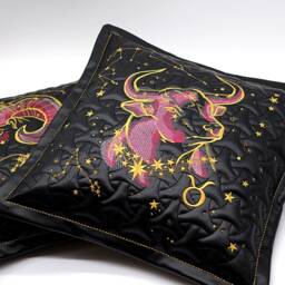 Embroidered Taurus Zodiac Sashiko Pillow, Astrology Quilt, Embroidery - Black Leather Pillowcase, Linen 39 X cm - thumbnail 2