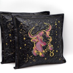 Embroidered Taurus Zodiac Sashiko Pillow, Astrology Quilt, Embroidery - Black Leather Pillowcase, Linen 39 X cm - thumbnail 3