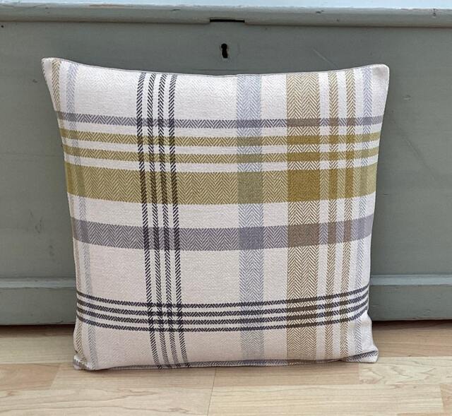 Tartan Plaid Throw Pillow Cover Ochre Grey Faux Wool Cushion - image 1