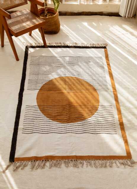 Handmade Cotton Area Rug Boho Harvest Moon Block Printed Rug, 4x6 Minimalist Dhurrie, 8x10 Modern Rug For Living Room/Bedroom, Runner - image 1