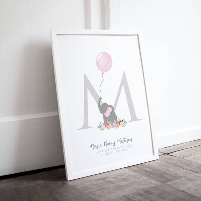 Children's Personalised Elephant Letter Print, Personalised Girl's Nursery New Baby Gift, Girl's Print - image 1