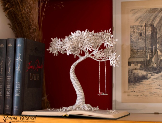 Book Sculpture Paper Tree With Swing, Altered Art - image 1