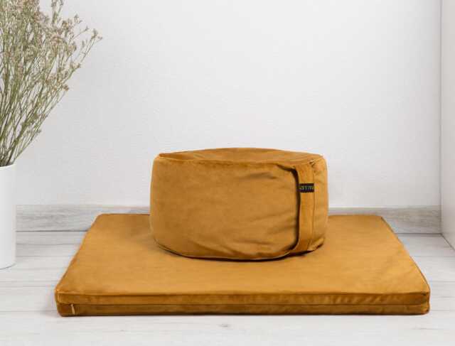 Meditation Zafu & Zabuton Set - Luxury Velvet Yellow Round Floor Pillow & Futon Organic Buckwheat Hulls Yoga Room Decor - image 1