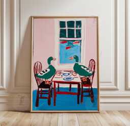 Green Duck Poster - Ducks At Dining Table Art Print Pink Interior Animal - thumbnail 1
