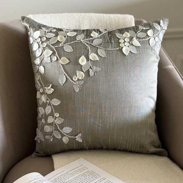 Silver Art Silk, Mother Of Pearl, Leather Nature & Floral Pattern, Contemporary Throw Pillow Cover/Euro Sham - Beauty - image 1