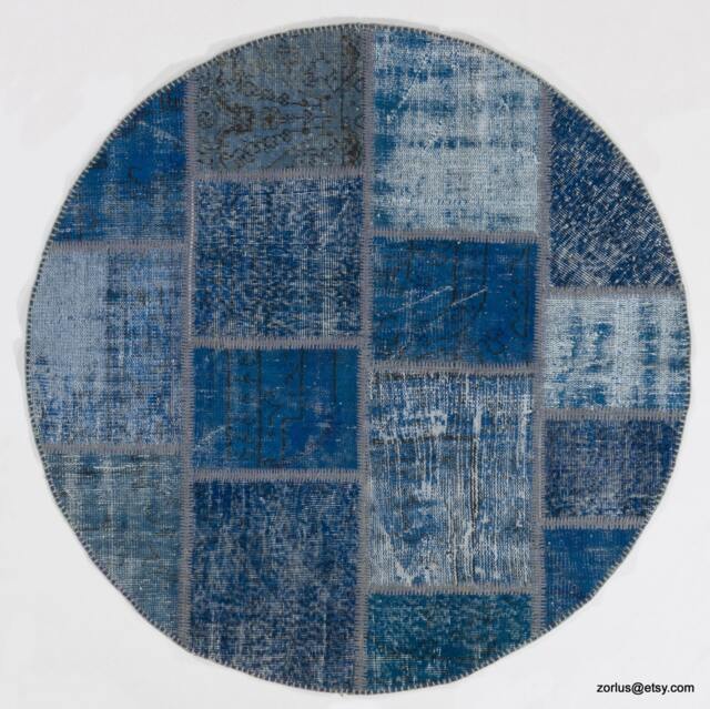 Round Blue Color Handmade Turkish Patchwork Rug, Circular - image 1