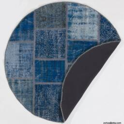 Round Blue Color Handmade Turkish Patchwork Rug, Circular - thumbnail 2