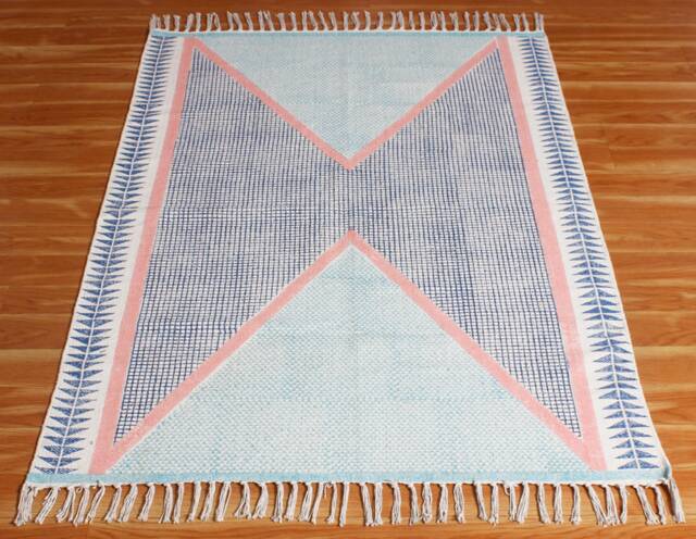 Hand Block Printed Cotton Rug Blue Geometric Runner - image 1