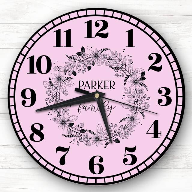 Pink Black Floral Wreath Family Name Personalised Gift Clock - image 1