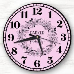 Pink Black Floral Wreath Family Name Personalised Gift Clock - thumbnail 1