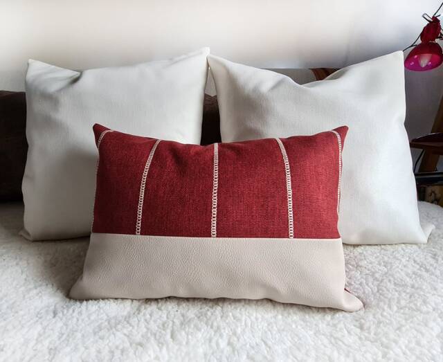 Red Linen Look Lumbar Pillow Cover Ivory Embroidery, Faux Leather - image 1