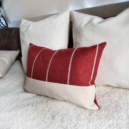 Red Linen Look Lumbar Pillow Cover Ivory Embroidery, Faux Leather - thumbnail 2