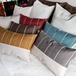 Red Linen Look Lumbar Pillow Cover Ivory Embroidery, Faux Leather - thumbnail 4