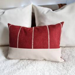Red Linen Look Lumbar Pillow Cover Ivory Embroidery, Faux Leather - thumbnail 3