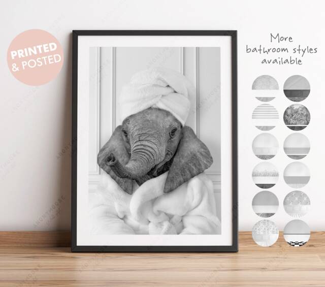 Black & White Baby Elephant in A Bathrobe Print, Bathing, Funny Bathroom Animal Towel On Head, Bath Robe - image 1