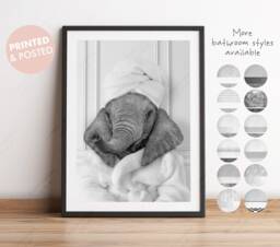 Black & White Baby Elephant in A Bathrobe Print, Bathing, Funny Bathroom Animal Towel On Head, Bath Robe - thumbnail 1