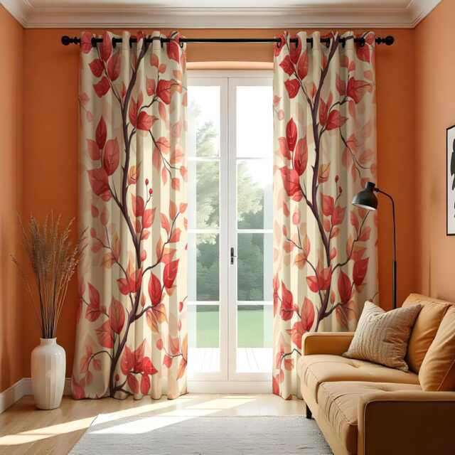 Red Leaf Curtains, Autumn Botanical Drapes, Custom Made Eyelet Or Rod Pocket Panels, Warm Fall Window Curtain Panels - image 1