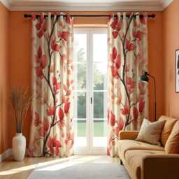 Red Leaf Curtains, Autumn Botanical Drapes, Custom Made Eyelet Or Rod Pocket Panels, Warm Fall Window Curtain Panels - thumbnail 1