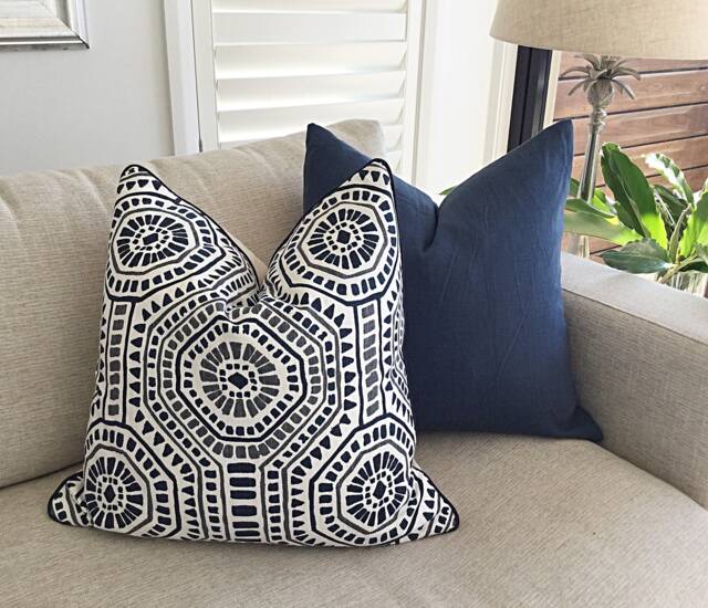 Navy Blue Linen Cushion Cover Moroccan Tile Boho Pillow - image 1