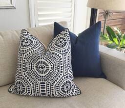 Navy Blue Linen Cushion Cover Moroccan Tile Boho Pillow - thumbnail 1