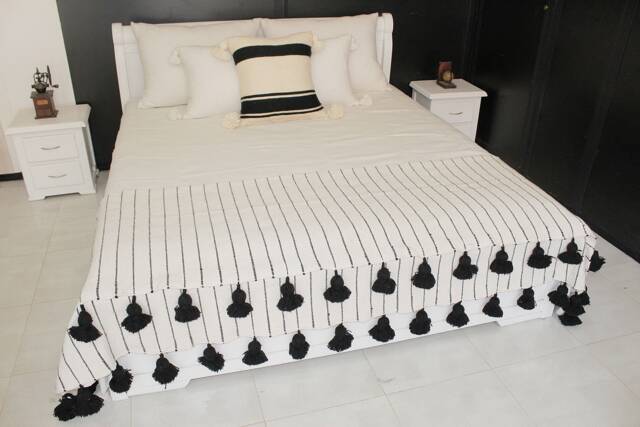 Moroccan Braided Tassels Cotton Blanket & Throw, White With Black Stripes & Long Braided Tassels Loomed By Hand For Bohemian Decoration - image 1