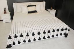 Moroccan Braided Tassels Cotton Blanket & Throw, White With Black Stripes & Long Braided Tassels Loomed By Hand For Bohemian Decoration