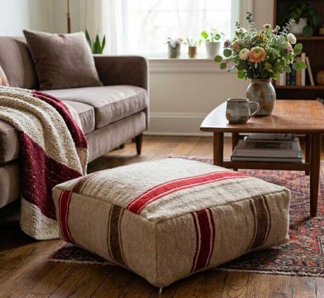 Handmade Moroccan Kilim Pouf, Multicoloured Floor Ottoman Cover, Authentic Berber Cushion, Vibrant Tribal Home Decor 60x60x20 cm - image 1