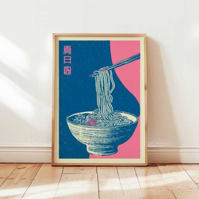 Ukiyo-E Ramen Art Print, Japanese Noodle Poster, Pink Aesthetic Kitchen Wall Decor, Unique Foodie Gift, Asian Pop - image 1