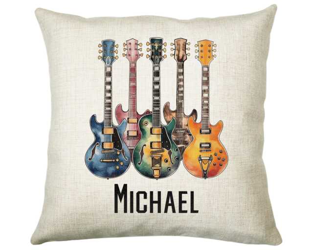 Personalised Guitar Gift Cushion Printed Name Design - Throw Pillow For Him Her Guitarist Idea Band Electric Bass Smc024 - image 1