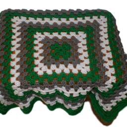 Green Crochet Baby Blanket, Gray & White Afghan - 38x38 - thumbnail 4