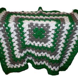 Green Crochet Baby Blanket, Gray & White Afghan - 38x38 - thumbnail 3
