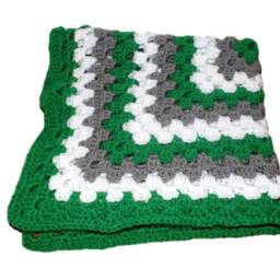 Green Crochet Baby Blanket, Gray & White Afghan - 38x38 - thumbnail 2