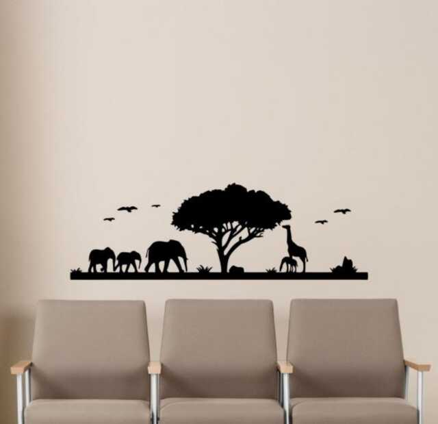 Safari Wall Decal Vinyl Sticker African Animals Wildlife Landscape Savanna Tree Home Decor Giraffe Elephant - 110Nr - image 1