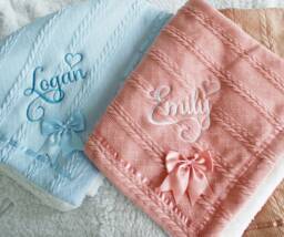 Personalised Embroidered Super Snuggly Cable Knit Wrap With A Satin Bow Sherpa Back, New Born Baby Boy, Girl Blanket, Shower Gift - thumbnail 1