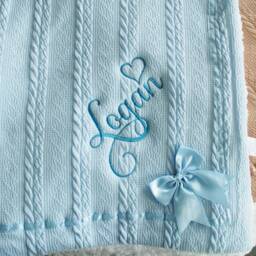 Personalised Embroidered Super Snuggly Cable Knit Wrap With A Satin Bow Sherpa Back, New Born Baby Boy, Girl Blanket, Shower Gift - thumbnail 3