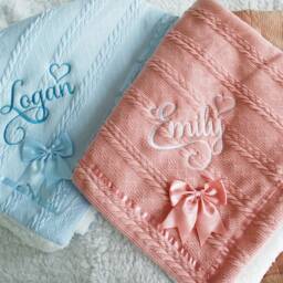 Personalised Embroidered Super Snuggly Cable Knit Wrap With A Satin Bow Sherpa Back, New Born Baby Boy, Girl Blanket, Shower Gift - thumbnail 2