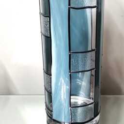 Art Deco Stained Glass Flower Vase Glacial Blues, Hand-Leaded Design - thumbnail 3