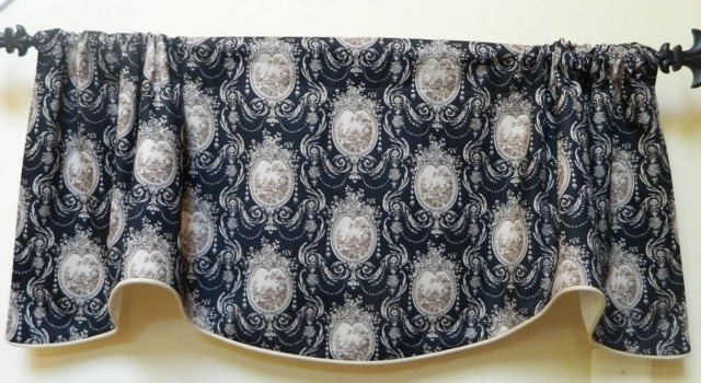 Mill Creek Black & Beige Cameo Toile - Window Valance Lined Corded Rod Pocket Scalloped Romantic French Country Made To Order - image 1