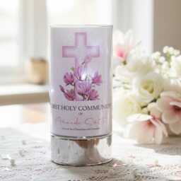 Personalised Holy Communion Night Light Gift With Floral Pink Cross