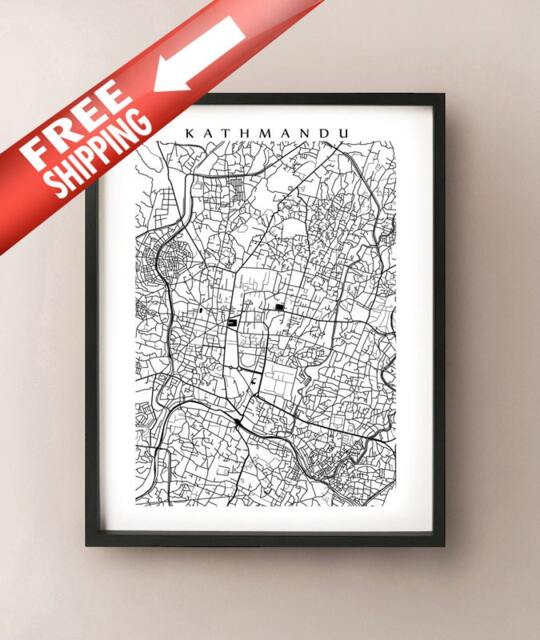 Kathmandu Map - Black & White Wall Art Nepal Poster, Mount Everest, Himalayas - image 1