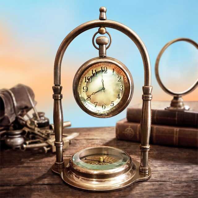 Personalized Antique Brass Desk Clock Compass - Engraved Office Decor - image 1