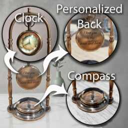 Personalized Antique Brass Desk Clock Compass - Engraved Office Decor - thumbnail 3