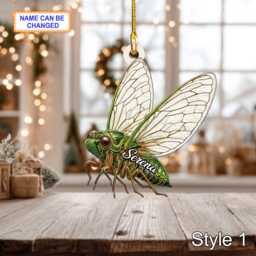 Custom Name Dry Pressing Cicada Personalized Holiday Ornament, Christmas Tree Hanging Decor, 2D Flat Acrylic Ornament Gift