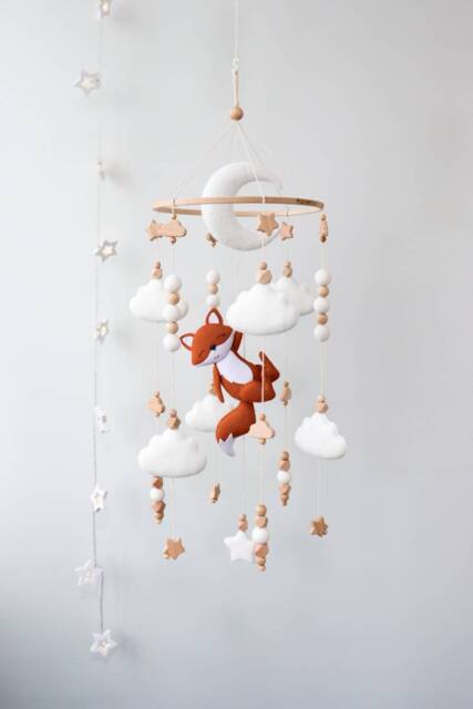 Fox & Clouds Baby Mobile For Crib, Moon & Stars Nursery Decor, Gender Neutral Felt Mobile, Forest Woodland Themed - image 1