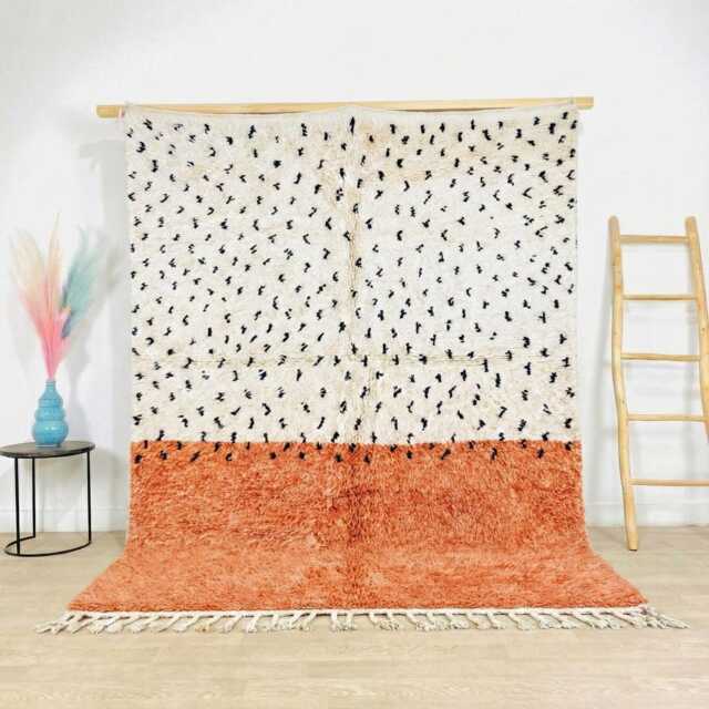 Moroccan Cream & Orange Berber Rug, Handwoven Wool Shag Rug With Abstract Dots, Authentic Beni Ourain Style Carpet, Large 9x12 Area - image 1